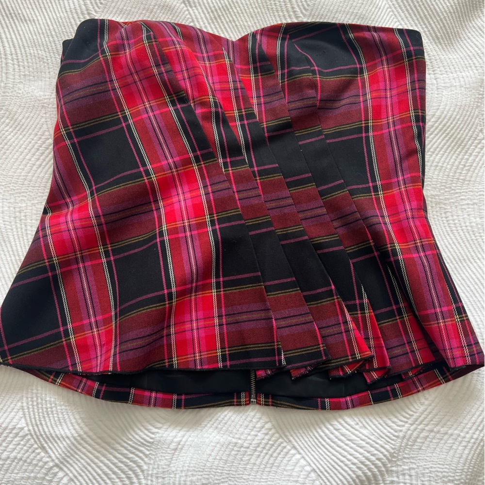 Trina Turk Pink and Black Plaid Strapless Top